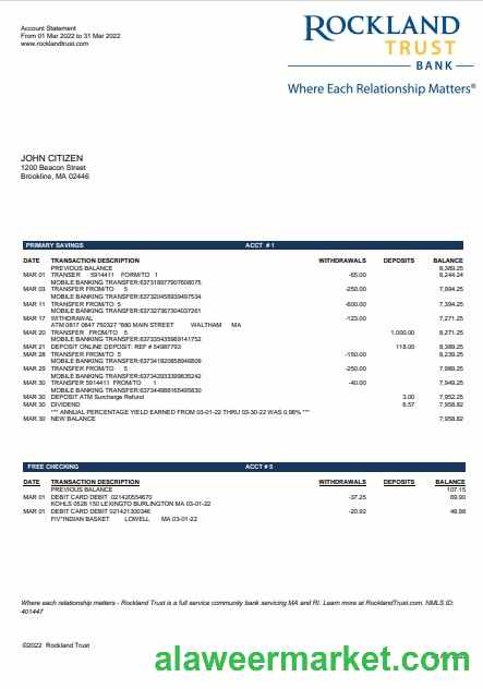 USA Massachusetts Rockland Trust bank statement Word and PDF template